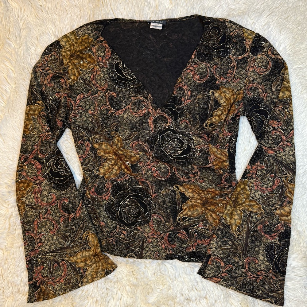 MSK Vintage Floral Wrap Front Bell Sleeve Top